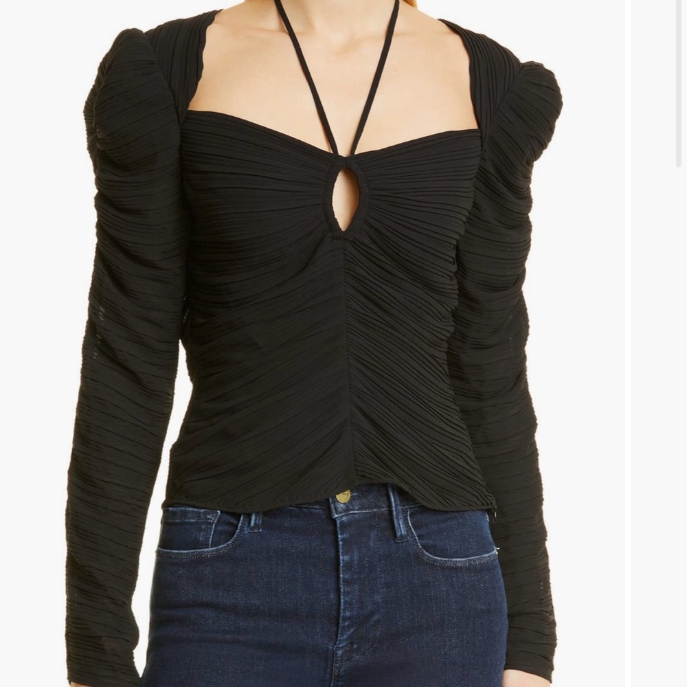 Frame Denim Black Puff Sleeve Blouse with Ruched Cut Out